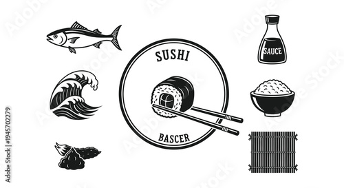 Black and White Sushi Icon Set: Fish, Wave, Rice, Sauce, Chopsticks, Maki Roll