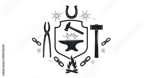 Blacksmithing Icon Set: Hammer, Anvil, Forge, Horseshoe, Pliers, Chains, Vector Art
