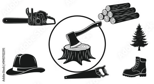 Black and White Lumberjack Icon Set: Chainsaw, Axe, Tree, Logs, Hat, Boot, Saw