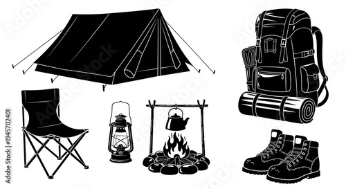 Black and White Camping Gear Line Art: Tent, Chair, Lantern, Campfire, Backpack, Boots