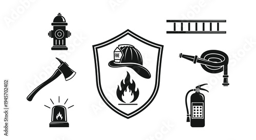 Firefighter Icons Set - Axe, Hydrant, Helmet, Hose, Ladder, Extinguisher
