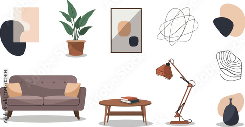 Minimalist living room elements sofa, plant, lamp, table, art, and decor