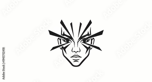 Abstract black and white face with radiating lines from eyes
