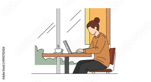 Woman at cafe table using laptop coffee cup beside her working remotely near window sunlight streams into the room creating ambiance