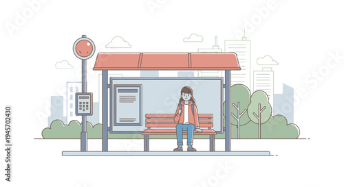 A person awaits transit at a city bus stop shelter with information display trees and cityscape elements in the background a concept