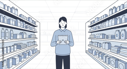Supermarket aisle view with person holding digital tablet Merchandise shelves Shopping environment Checking inventory and managing products in a