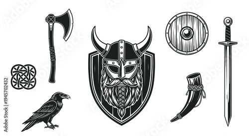 Viking Symbols: Axe, Helmet, Shield, Sword, Raven, Horn, Knot - Vector Art