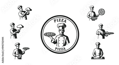 Pizza Chef Vector Icons with Emblem, Black and White Line Art