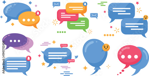 Colorful chat bubbles and messaging icons collection with social media comments notifications reactions and speech dialogue elements vector illustration set