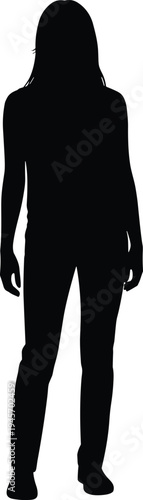 Female silhouette standing, long hair, upright posture, pants outfit, long-sleeved top, human figure outline, minimalist artwork, design illustration concept