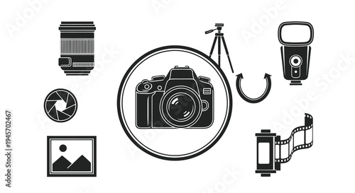 Camera Photography Icons Black and White Vector Graphics