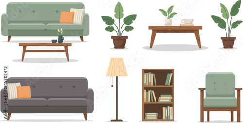 Minimalist living room interior with sofas, plants, tables, and bookshelf