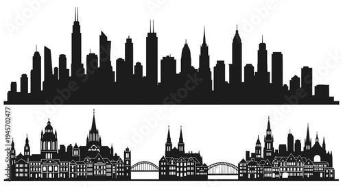 Black and White Skyline Silhouette of Modern Skyscrapers and Historic Buildings