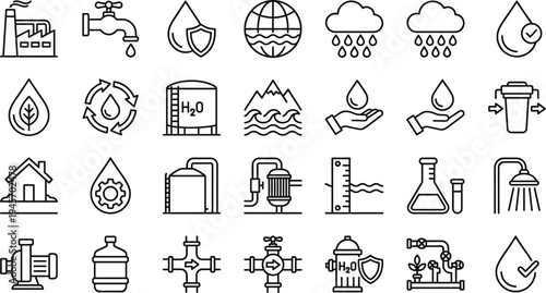 Water supply and environmental line icon set with purification pipeline rain recycling symbols minimal outline vector illustration collection