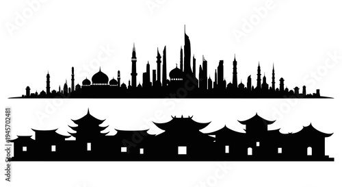 Black Silhouette Cityscapes: Traditional Asian Architecture and Modern Skyline