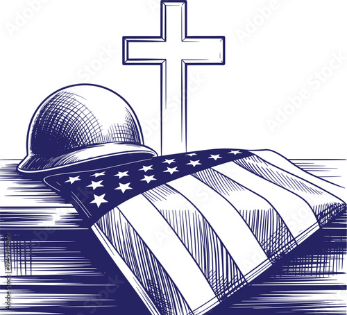 Memorial image: american flag, military helmet, and cross on white background
