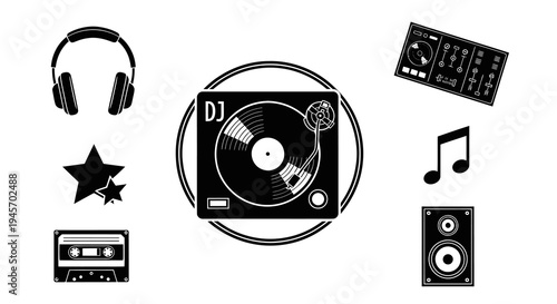 DJ Equipment Icons: Turntable, Headphones, Mixer, Speakers, Cassette, Notes, Stars