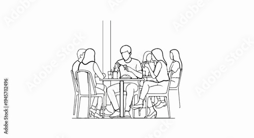 People gathered at tables, enjoying meals and conversation in a simple line drawing