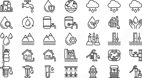 Water supply and environmental management line icon set with purification recycling rain pipeline symbols minimal outline vector illustration
