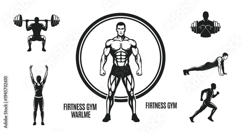 Fitness Gym Vector Icons: Muscular Men, Weightlifting, Running, Push-ups