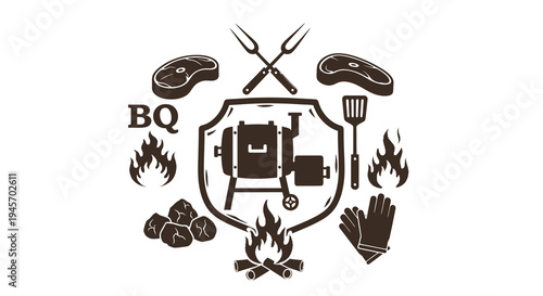 BBQ logo with grill, steak, fire, and tools, black and white vector