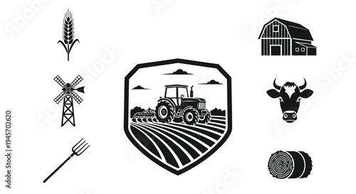 Farming Icons Set - Tractor, Barn, Cow, Wheat, Windmill, Pitchfork, Hay Bale