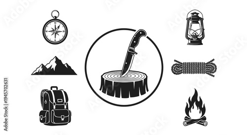 Outdoor Camping Icons: Knife, Compass, Backpack, Lantern, Fire, Rope, Mountains