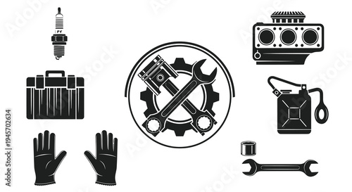 Automotive repair tools and equipment, vector icons, black and white
