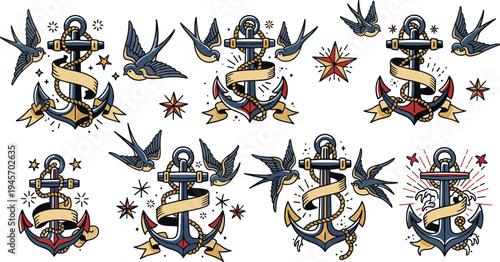 Vintage Nautical Anchor and Swallow Tattoo Style Collection with Ribbons, Stars, and Maritime Symbols for Traditional Sailor Illustration Design