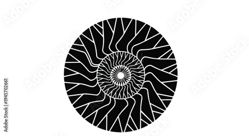 Intricate black and white abstract geometric pattern forms a mesmerizing concentric circle, featuring radially arranged organic shapes that create a subtle optical illusion and a sense of hypnotic.