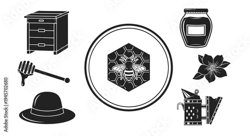 Black and White Beehive, Honey Jar, Flower, and Beekeeper Tools Vector Icons