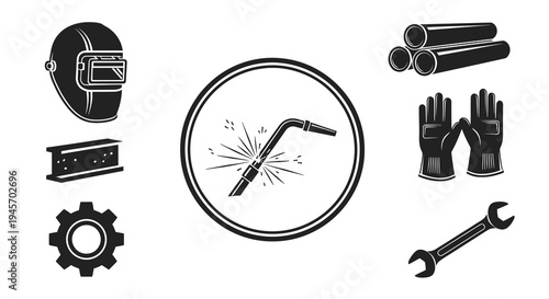 Black and White Welding and Construction Tools Icons