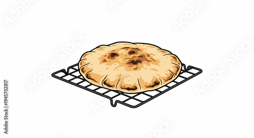 Round, golden-brown baked flatbread on a black wire cooling rack