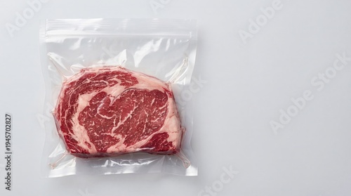 Raw ribeye steak in vacuum sealed plastic bag. Premium cut of beef for sous vide cooking. Fresh meat package for retail distribution with copy space on grey background for culinary art.