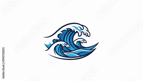 Stylized blue waves crash with white foam accents against a white background