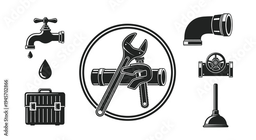 Plumbing Icons: Faucet, Wrench, Pipe, Toolbox, Plunger - Black and White Glyph Art