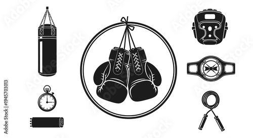 Black  White Vector Icons of Boxing Equipment for Sports Niche