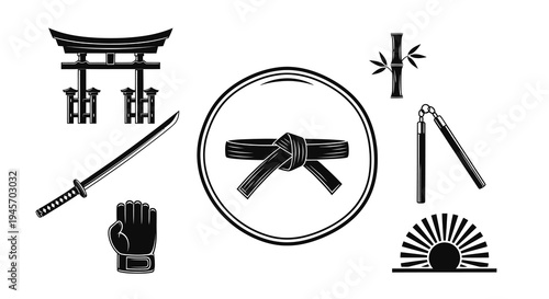 Black and White Martial Arts Icons: Torii Gate, Katana, Belt, Nunchucks