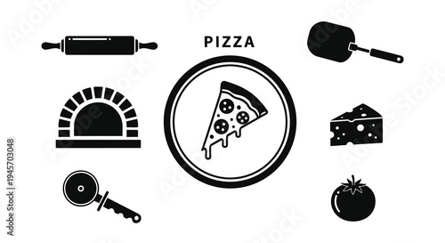 Pizza Making Icons Set: Black  White Glyph Style for Food Industry