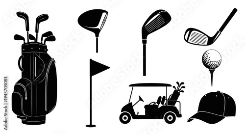 Black and White Golf Icons: Bag, Clubs, Cart, Ball, Hat, Flag, Driver
