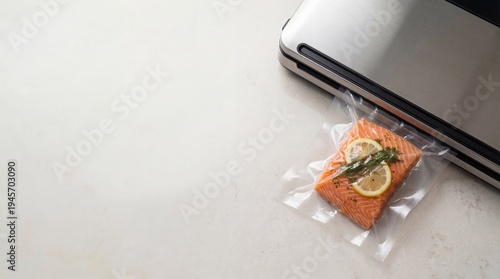 Salmon fillet in vacuum sealer. Food preservation process using packing machine for fresh fish. Kitchen appliance for packaging meal and storing raw ingredient for long term storage.