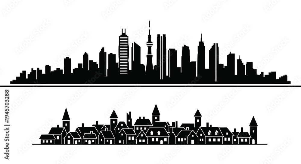 Obraz premium Black White Skyline Silhouettes: Modern City Old Town Architecture