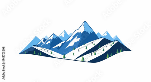 Snowy mountain landscape with ski lifts and evergreen trees