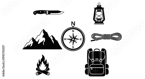 Black  White Vector Icons for Camping and Outdoors Adventure