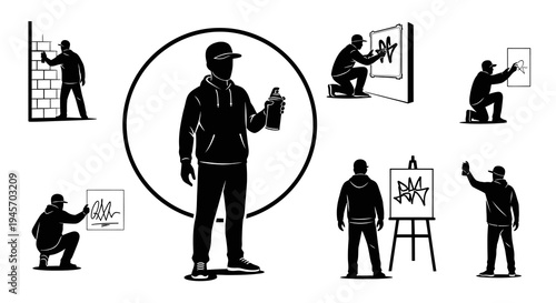 Graffiti Artist Spray Painting Silhouettes - Black and White Vector Art