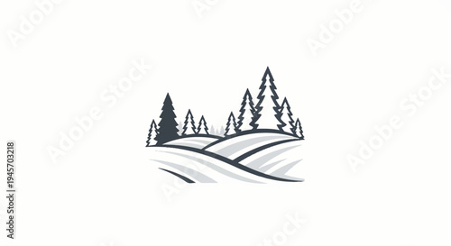 Stylized winter landscape with snow-covered hills and evergreen trees