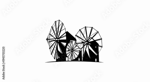 Stylized black and white sketch of three windmills on a white background