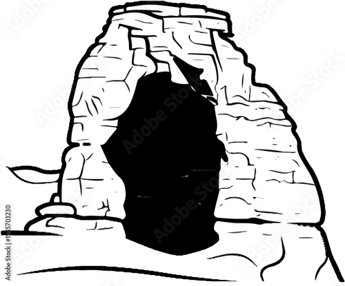Stylized illustration of a dark cave entrance within a rugged rock formation