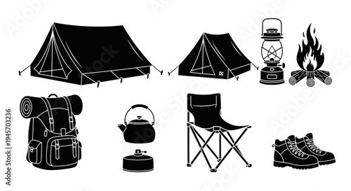 Camping Gear Black and White Icons - Tent, Backpack, Lantern, Chair, Boots
