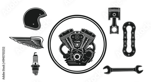 Motorcycle V-Twin Engine, Helmet, Wings, Spark Plug, Piston, Chain, Wrench Icons